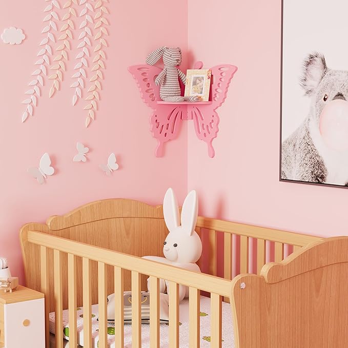 Butterfly Corner Shelf Nursery Wall Deor Floating Corner Shelf for Kid’s Room, Small Cute Decorative Shelf Wall Mounted, Pink Hanging Hollow Out Shelf for Toys, Plants and Decorations Storage, Pink