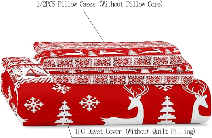 LUVIVIHOME 3PCS Christmas Duvet Cover Queen Bedding Sets, Red Duvet Cover, White Reindeer Snowflake Christmas Tree Winter Holiday New Year Xmas Striped Comforter Quilt, 2 Pillow Shams