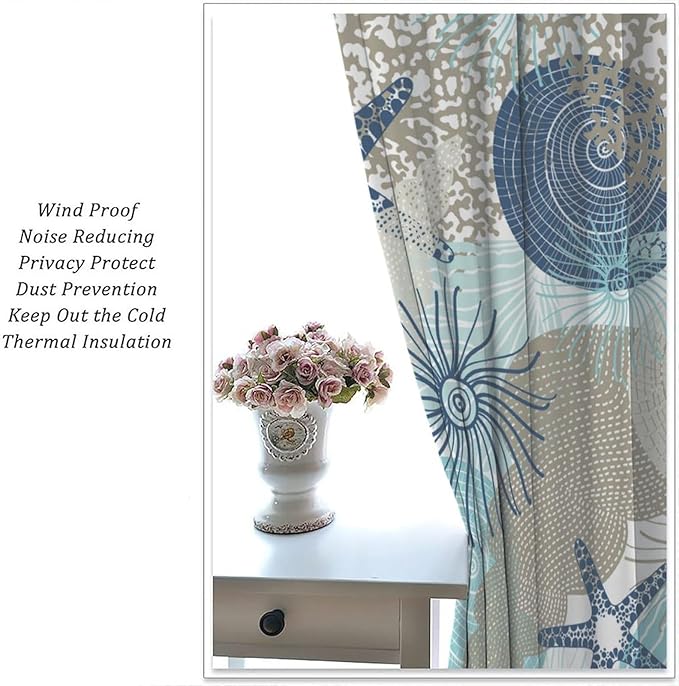 Shell Blackout Curtains Beach Shells Marine Life Water Grass Pattern Printed Curtains Suitable for Living Room Bedroom Privacy Curtains 42x54 Inches