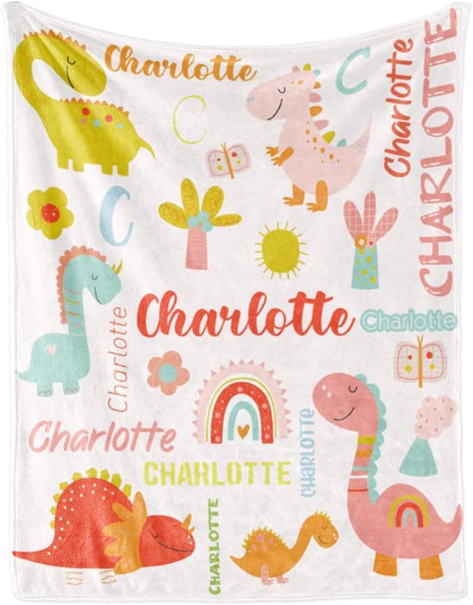 Personalized Dinosaur Blanket with Name for Girl, Custom Kids, Soft Flannel Pink Toddler Customized Gift Birthday Christmas Baby Shower Children Day, 40''x50'' child