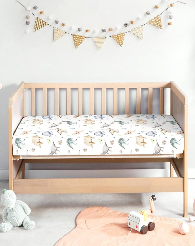 Pack and Play Sheets 2 Pack, Fitted Jersey Knit Mini Crib Sheets for Baby Boys and Girls, Compatible with Graco Pack N Play and Mini Crib Mattress (Dino Pals, Pack N Play/Mini Crib Sheets)