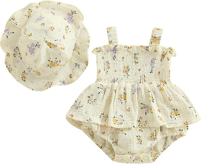 Mubineo Baby Girl Clothes Summer Dress Cotton Linen Romper Sleeveless Smocked Rompers Sun Dress Hat Skirt Boho Outfits