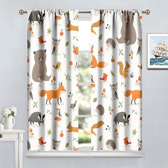 Forest Animal Curtains for Kids, Cartoon Safari Woodland Animals Window Treatments Cute Wild Jungle Bear Fox Deer Bear Window Drapes for Girls Boys Nursery Toddler Bedroom 63x63in