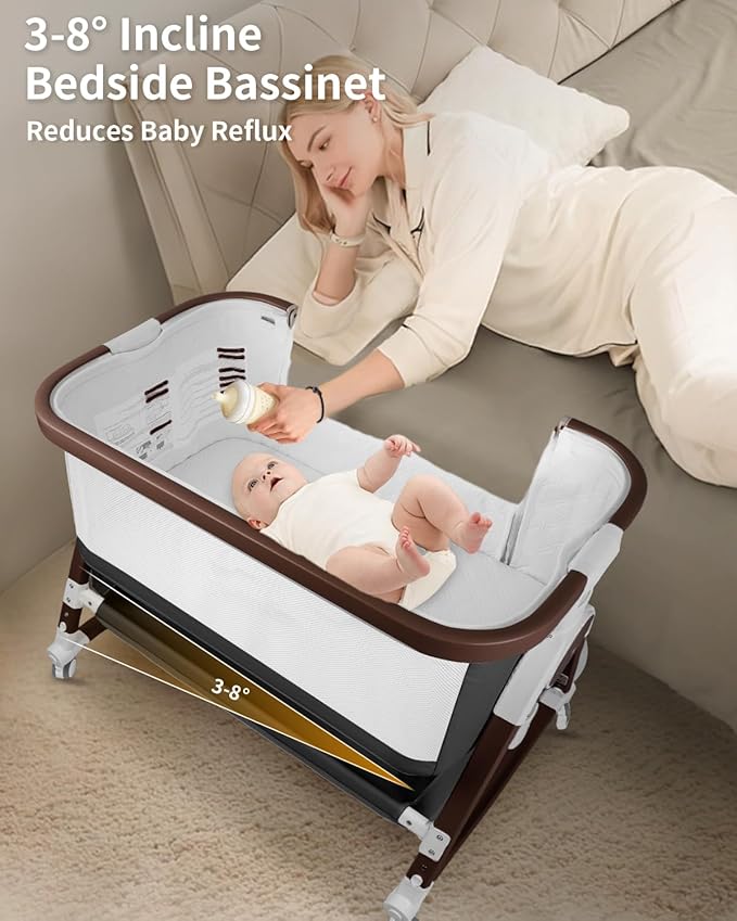 4 in 1 Baby Bassinet, Bassinets Bedside Sleeper with Wheels and Storage Basket, Adjustable 7 Heights Bedside Sleeper with Mosquito Net, Breathable Mesh Rocking Bassinet for Baby