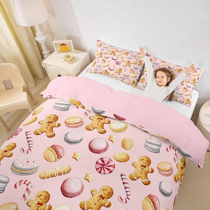 Feelyou Christmas Duvet Cover Toddler Size Cute Christmas Gingerbread Man Comforter Cover for Boys Girls Xmas Sweet Macarons Bedding Set 2Pcs Reversible Pink Room Decor