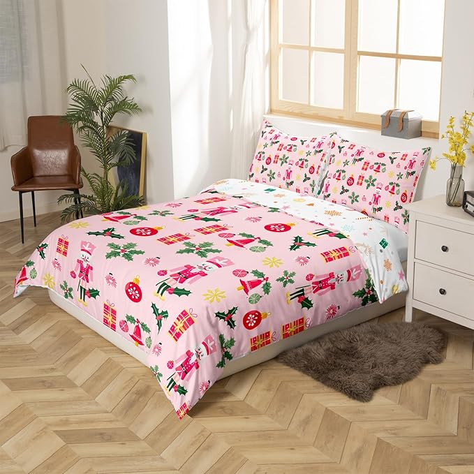 Feelyou Christmas Pink Nutcracker Comforter Cover Toddler Size Cute Royal Guarder Duvet Cover Xmas Snowflake Bedding Set Gifts for Kids Boys Girls Decor 1 Pillow Case Pink