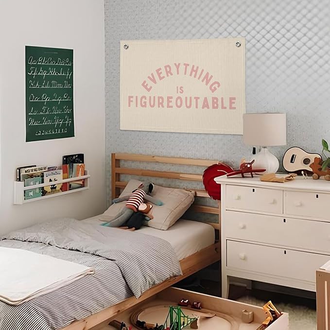 Everything is Figureoutable Inspirational Wall Decor, Motivational Classroom Wall Decor, Classroom Linen Canvas Banner Hanging Flag, 20x30 Inch - Pink