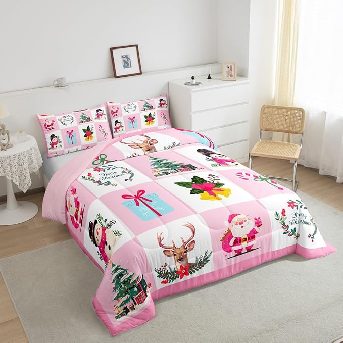 Erosebridal Merry Christmas Comforter Set for Kids Christmas Tree Quilt Twin Size with 1 Pillow Case Santa Claus Xmas Decor Bedding Set Kawaii Snowman Bedding Comforter Sets,Pink