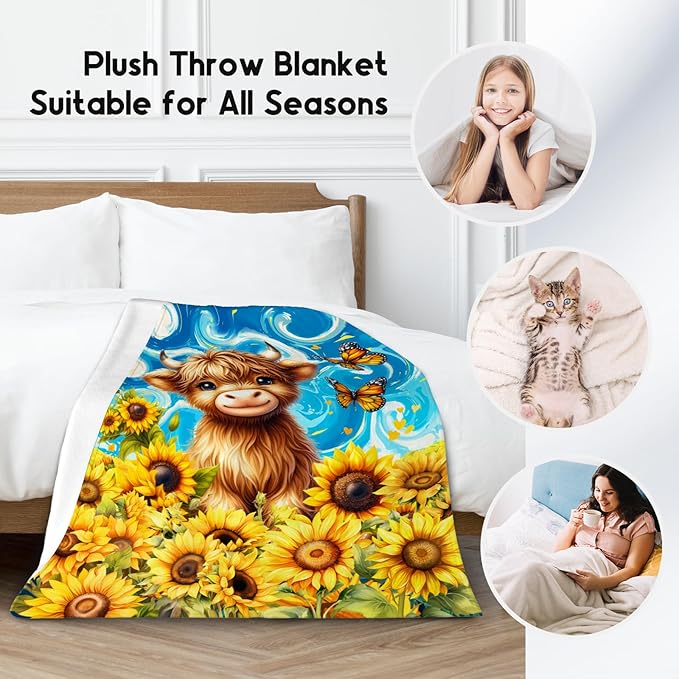 Kids Blanket - Highland Cow Blankets for Teens/Women - Flannel Soft Sunflower Throws for Bed Office - 50"x60"