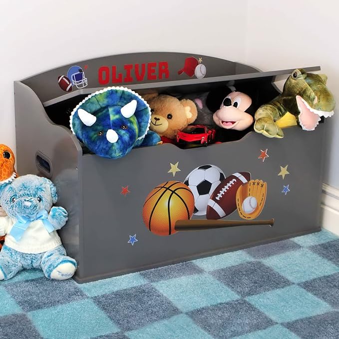 DIBSIES Personalized Creative Wonders Toy Box, Sports, 30 x 19.25 x 18 inches, Soft-Close Lid (Dovetail Grey)