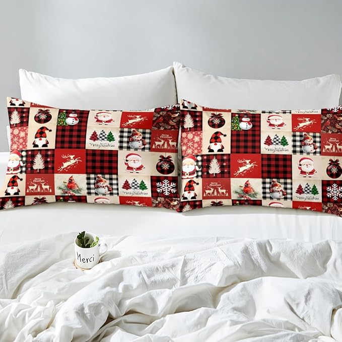 Manfei Christmas Duvet Cover Set Twin Size, Deer Tree Snowman Santa Claus Print Comforter Cover with 1 Pillowcase, Plaid Grid Print Bedding Set 2pcs for Kids Boys Girls Bedroom Decor,No Comforter