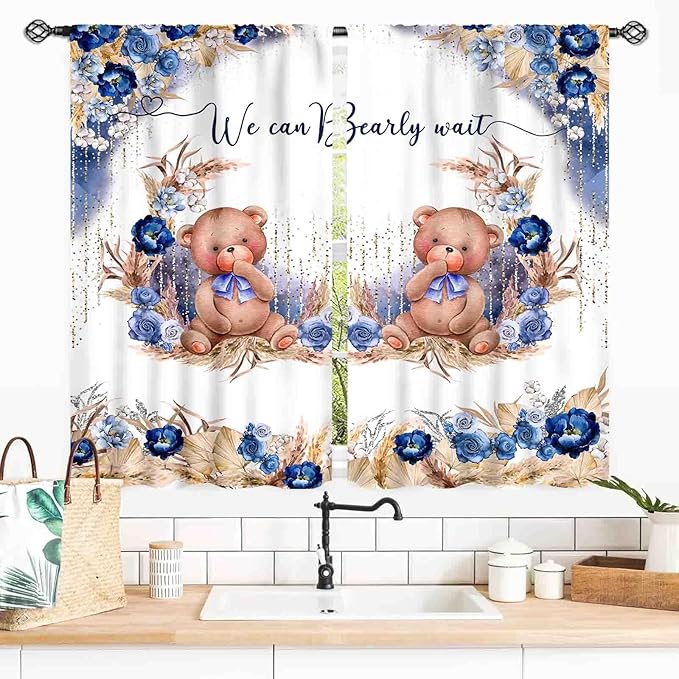 Bear Curtains for Kids Room, Baby Boys Girls Cute Lovely Bear Watercolor Floral Blue Window Drapery Treatments for Living Room Bedroom Nursey Toddler Classroom 2 Panels, 55x39 Inch