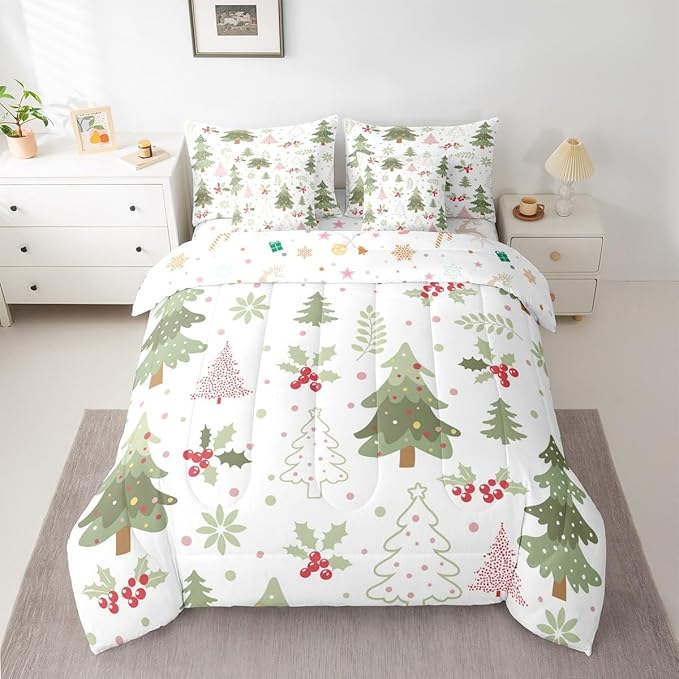Erosebridal Kids Cartoon Christmas Bed in A Bag 7 Pcs Kawaii Christmas Tree Comforter Set for Women Men Cute Xmas Pine Tree Bedding Sets King Red Berry Xmas Decoration Sheet Set with Comforter