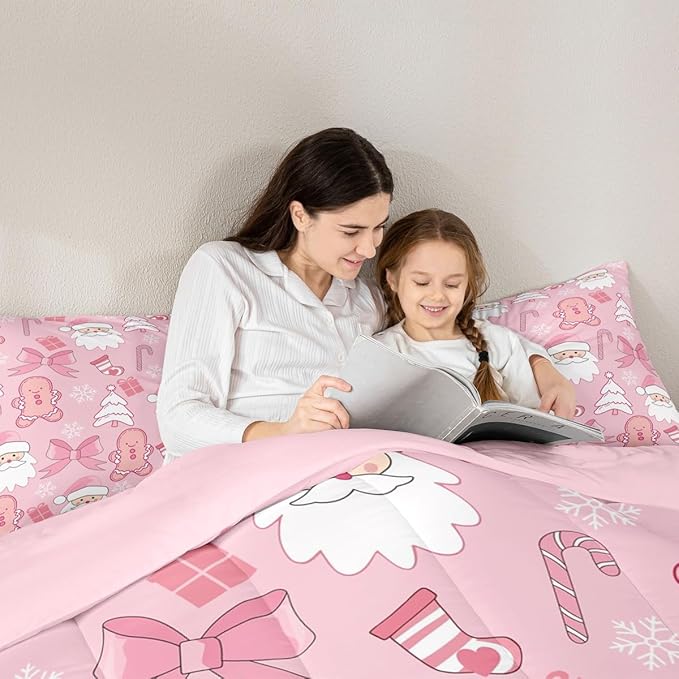 Feelyou Pink Christmas Bedding Set Soft for Boys Girls, Santa Claus Comforter Set Toddler Size Gingerbread Man Duvet Quilt Microfiber Bow Candy Cane Bedroom Decor 2 Pcs with 1 Pillow Cases