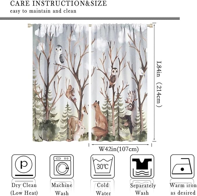 Forest Curtains, Cartoon Woodland Animals Tree Birds Moose Rabbit Mushroom Print Pattern Kids Bedroom Window Treatments Curtains 84x84in