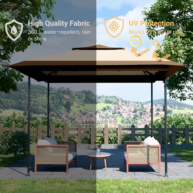 Kingdura 13x13 Pop Up Canopy, Easy Setup Canopy Tent, Double Roof Outdoor Patio Shelter Sun Shade with 4 Sand Bags, 3 Adjustable Height for Patio Furniture, Party, Wedding, Outdoor Dining (Khaki)