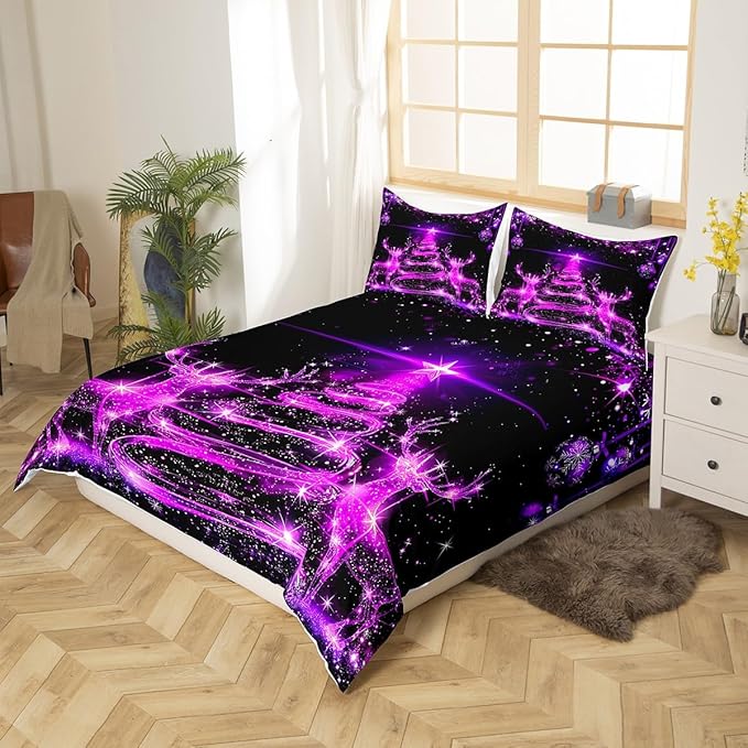 Manfei Christmas Tree Duvet Cover Set Twin Size Purple Twinkling Deer Comforter Cover Western New Year Bedding Set 2pcs for Kids Boys Girls Christmas Theme Quilt Cover with 1 Pillowcase,No Comforter