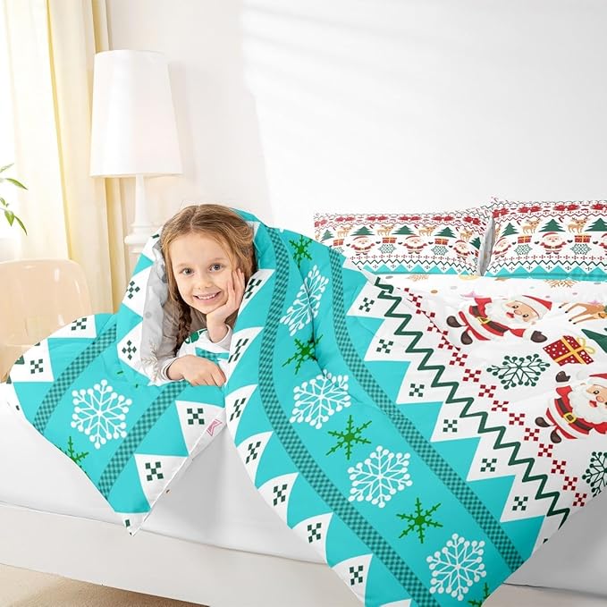 Feelyou Merry Christmas Bedding Set Soft for Boys Girls, Santa Claus Comforter Set King Size Cute Deer Duvet Quilt Microfiber Snowflake Bedroom Decor 3 Pcs with 2 Pillow Cases