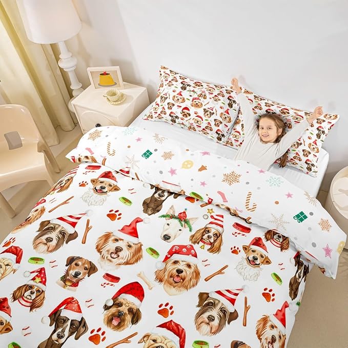 Christmas Kids Bedding Set Cartoon Puppy Dogs Xmas Theme Bedding Duvet Cover Set for Boys Girls New Year Decor Comforter Cover Set Animal Pattern Bedspread Cover Bedroom Quilt Cover 2Pcs Twin Size