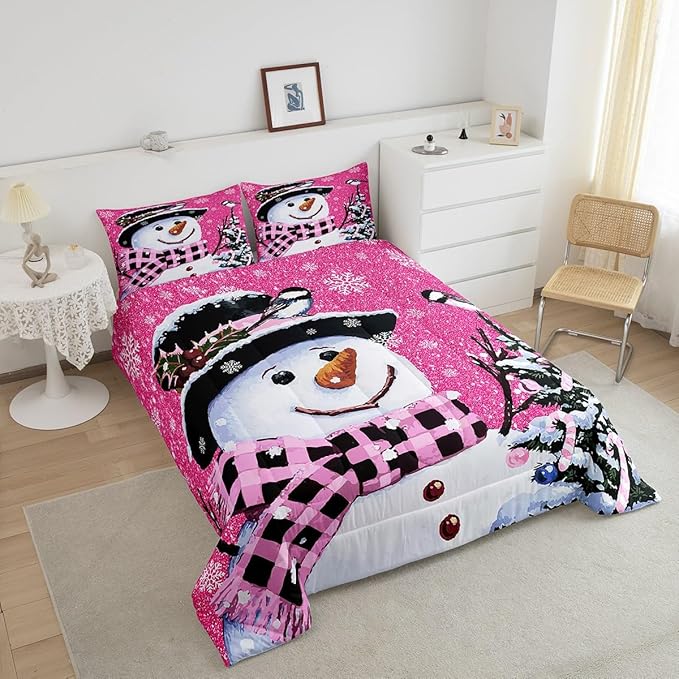 Feelyou Kids Christmas Theme Decorations Bedding Set Xmas Snowman Comforter Set for Boys Girls Snowflake Kawaii Cute Hot Red Bedroom Collection Twin Size