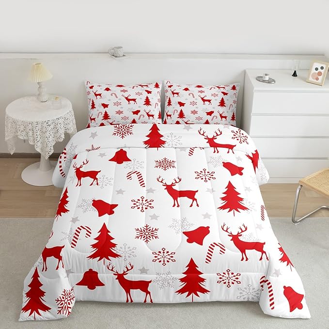 Feelyou Merry Christmas Bedding Set Soft for Boys Girls, Xmas Tree Reindeer Comforter Set Queen Size Candy Cane Bell Duvet Quilt Microfiber Snowflake Bedroom Decor 3 Pcs with 2 Pillow Cases