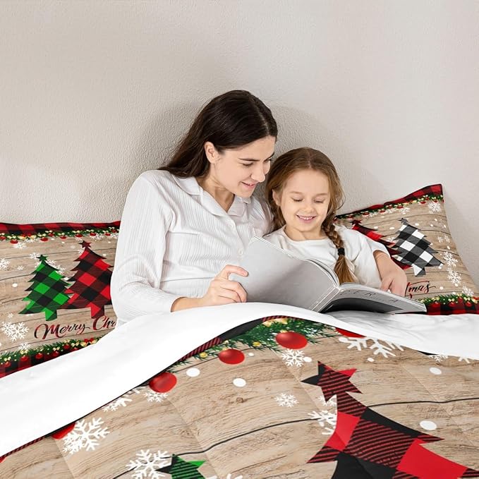 Manfei Plaid Tree Comforter Set Queen Size, Wooden Stripe Print Bedding Set 3pcs for Kids Boys Girls Bedroom Decor, Christmas Theme New Year Quilt Set with 2 Pillowcases