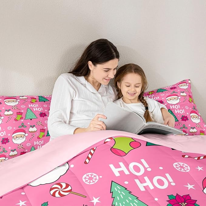 Feelyou Pink Merry Christmas Comforter Set All Season Santa Claus Bedding Set with 2 Pillow Cases Xmas Microfiber Kids Full Bedclothes Happy New Year Bedroom Decor Duvet Quilt Soft Lightweight