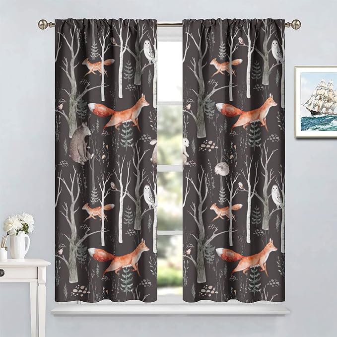 Rustic Forest Curtain, Woodland Country Hunting Animal Deer Fox Wildlife Bear Farmhouse Lodge Cabin Blackout Rod Pocket Windows Door Curtain for Bedroom Living Room Home Decor 84x84in