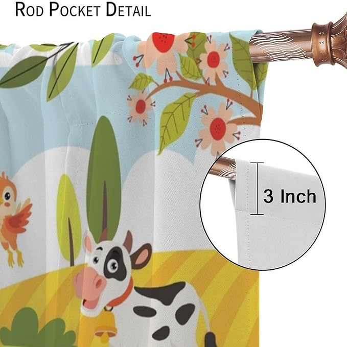 Farmhouse Curtains, Farm Scene Cartoon Animals Pattern Blackout Window Treatments, Rod Pocket Thermal Insulated Drapes 2 Panel Sets for Children Boys Bedroom Nursery Classroom, 52" W X 84" L