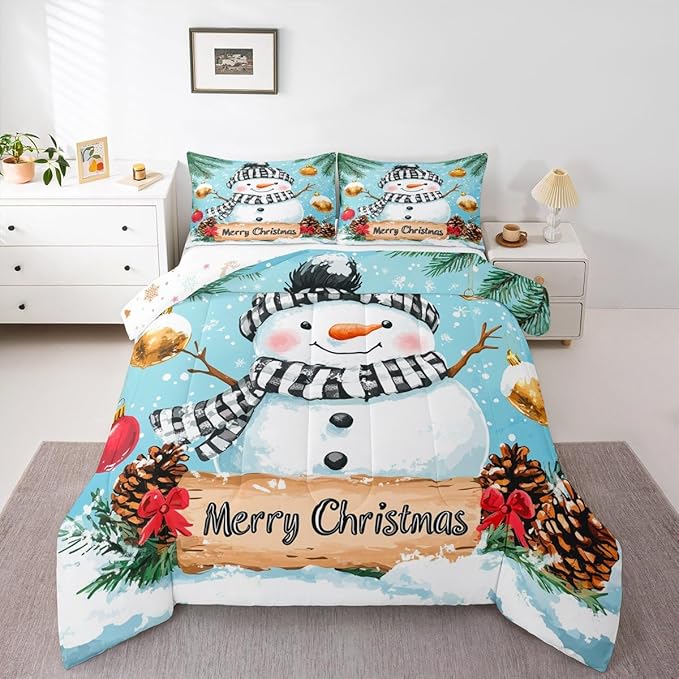 Feelyou Merry Christmas Comforter Set Queen Size Cute Snowman Bedding Set for Kids Boys Girls Snowflake Duvet Quilt Winter Bedroom Decor Microfiber 3 Pcs with 2 Pillow Cases