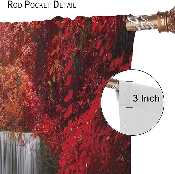 Red Forest Waterfall Blackout Windows Curtains, Tree Landscape Woodland Scenic Nature Fall Scenery Art Printed Curtains, for Living Room Bedroom 42x63in 2 Panels