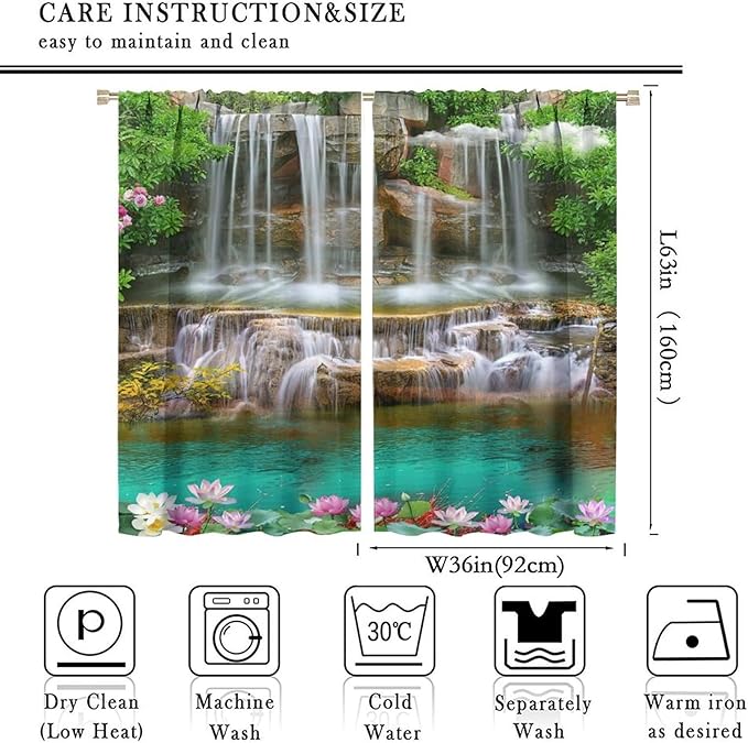 Waterfall Blackout Window Curtains, Rocky Waterfall to Pond Running Off Scenic Nature Themed Picture Print Window Drapes, for Living Room Bedroom 72x63in 2 Panels
