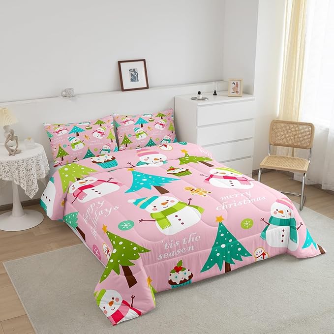 Erosebridal Merry Christmas Comforter Set for Kids,Pink Xmas Decor Bedding Set Full Size,Cartoon Snowman Quilts Christmas Tree Down Comforter for Girls Boys Teens Bedroom Decor