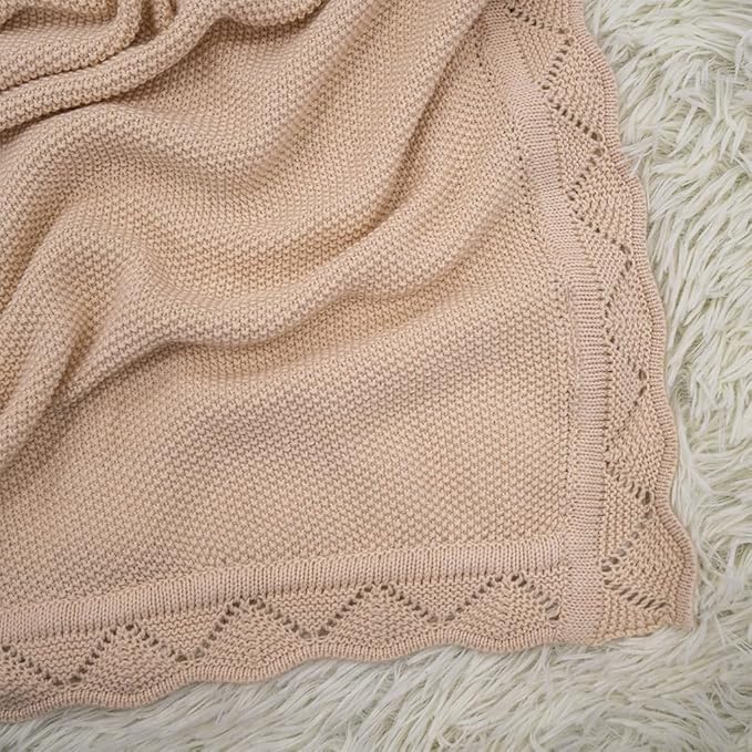 Baby Knit Blanket Soft Breathable Cotton Scallop Border Blankets Newborn Knitted Blanket Swaddle Blankets Gifts for Baby Newborn Toddler Shower Boy Girl New Mom Birthday Christmas Beige 28x36