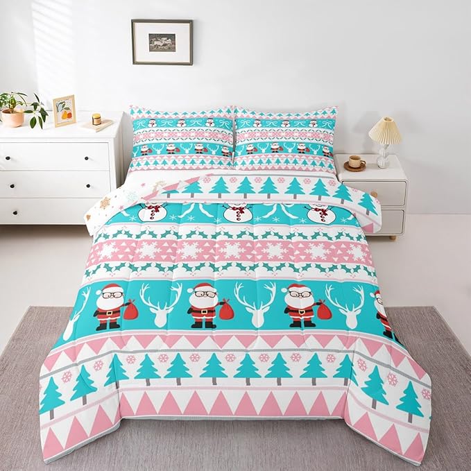 Feelyou Merry Christmas Tree Bedding Set Soft for Boys Girls, Cute Snowman Comforter Set Queen Size Santa Claus Duvet Quilt Microfiber Cartoon Bowknot Bedroom Decor 3 Pcs with 2 Pillow Cases
