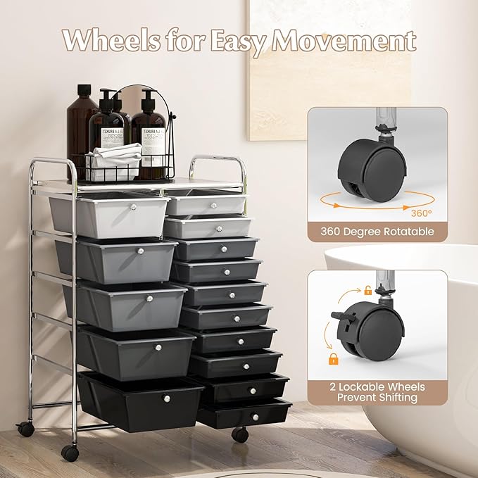 RELAX4LIFE 15-Drawer Storage Drawer Carts - Mobile Rolling Utility Cart w/Wheels, Craft Organizer for Classroom Organization and Storage, School, Office, Home, Storage Organizer Cart (Gradient Black)