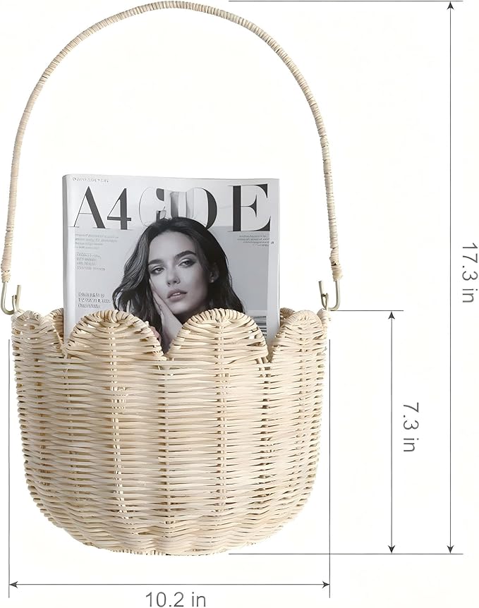 Scalloped Edge Round Basket with Handle, Super Sturdy Wicker Storage Baskets, Hand Woven Basket for Shelves,Natural Baskets for Organizing (White Rattan, 10.2"*10.2"*7.3")