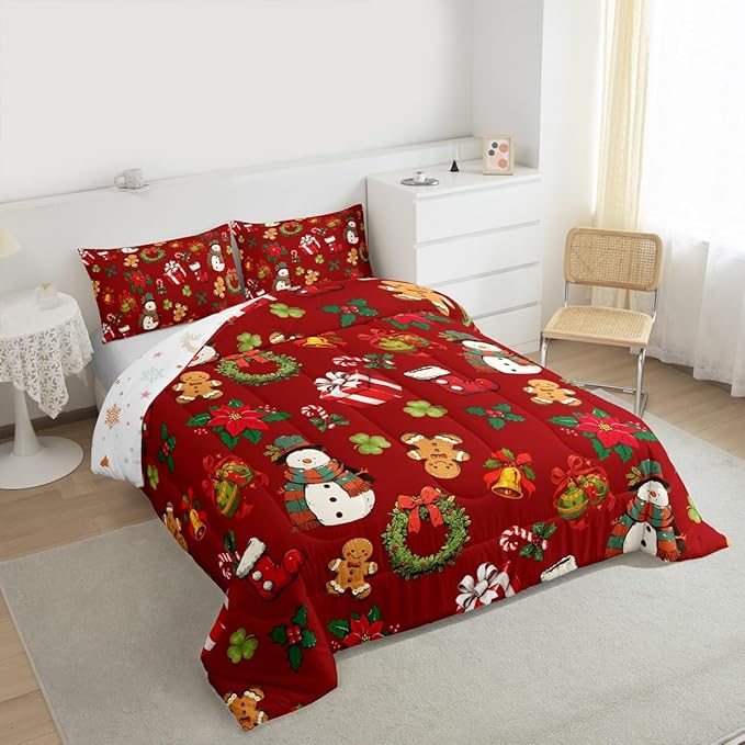 jejeloiu Merry Christmas Comforter Set Queen Size Cute Snowman Bedding Set for Kids Boys Girls Gingerbread Man Duvet Quilt Red Bedroom Decor