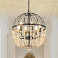 WJShome 6-Light Farmhouse Chandelier, Vintage Dining Room Light Fixture, Black Boho Wooden Bead Lantern Pendant Light, Rustic Pendant Lights Kitchen Island, for Entryway Foyer Hallway,