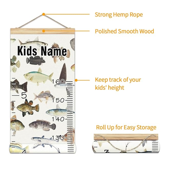 Personalized Kids Name Growth Chart Ruler for Wall Wood Frame Height Measure Chart 13.4x56 in Linen Hanging Height Growth Chart Colored Fish Drawing Kids Room Decor