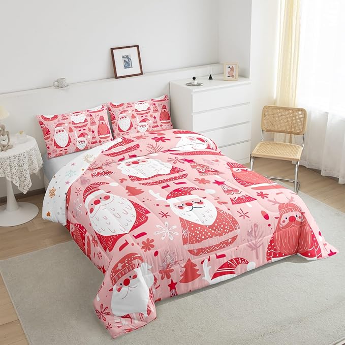 Feelyou Cute Santa Claus Bedding Set for Kids Boys Girls Toddler Size Christmas Comforter Set Ultra Soft Winter Comforter Xmas Tree Duvet Quilt Bedroom Decor Christmas Decorations Quilt