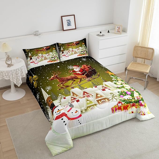 Manfei Christmas Comforter Set Full Size, Xmas Tree Snowman Quilt Set with 2 Pillowcases, Santa Claus with Deer Bedding Set 3pcs for Kids Boys Girls Room Decor New Year Theme Duvet Insert