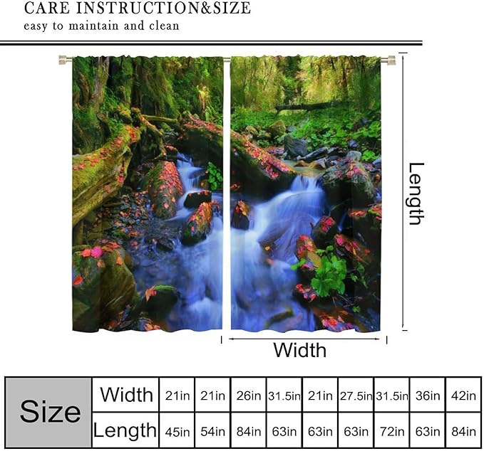 Forest Landscape Blackout Curtains, Natural River Rainforest Waterfalls Plant Print Pattern Window Drapes, for Bedroom Living Room 42" W X 63" L