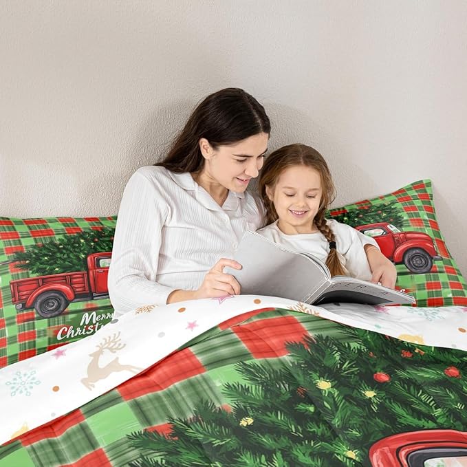 Feelyou Merry Christmas Comforter Set All Season Christmas Tree Bedding Set with 2 Pillow Cases Snowflake Microfiber Kids King Bedclothes Winter Bedroom Decor Duvet Quilt Breathable Soft
