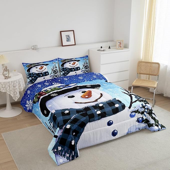 Feelyou Kids Christmas Theme Decorations Bedding Set Xmas Snowman Comforter Set for Boys Girls Snowflake Kawaii Cute Gradient Blue Bedroom Collection Twin Size