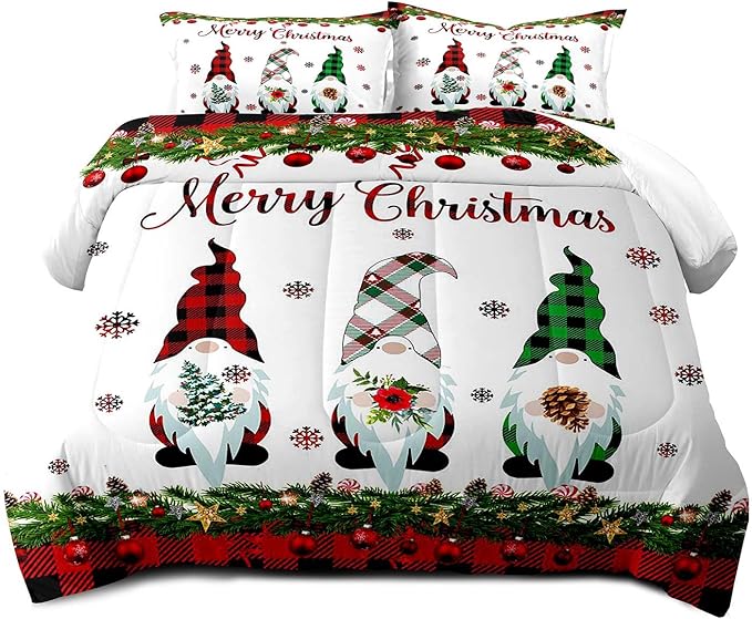 LUVIVIHOME 3PCS Merry Christmas Comforter Set Full Size, Gnomes Bedding, Cute Christmas Bedroom Decor for Kids Boys Girls Teens, Xmas Gifts, Buffalo Plaid Christmas Gnomes Decorations, 2 Pillow Cases