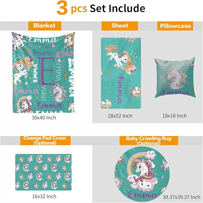 Custom Crib Bedding Set - Magical Horse Design Personalized Name Baby Nursery Bedding 3 Pcs Set - Chic Soft Blanket, Sheet, Pillowcase for Newborns Boys Girls Gifts Color18