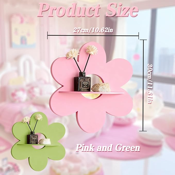 Cute Shelf Pink Floating Shelves, 2Pcs Flower Shaped Green Floating Shelves Display Daisy Decor for Bathroom Livingroom Bedroom Shelves (Pink Green)