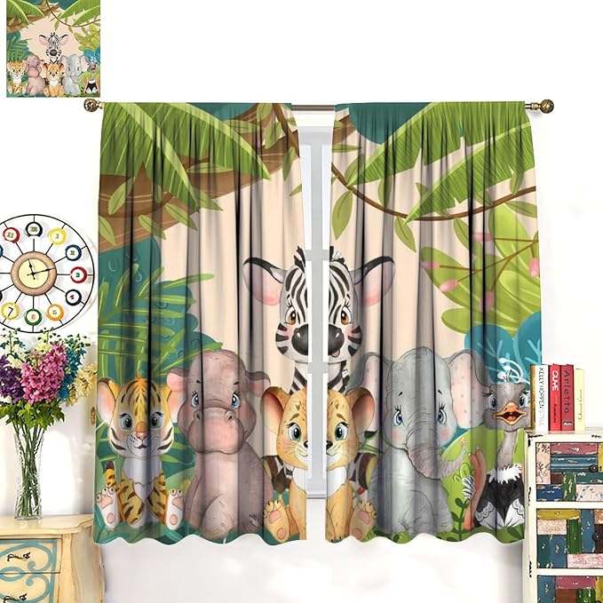 Animals Curtains Colorful Forest Cartoon Cute Zebra Tiger Elephant for Kids Boys Girls Nursery Bedroom Living Room Blackout Rod Pocket Decoration Window Drapes 2 Panels W21xL54in