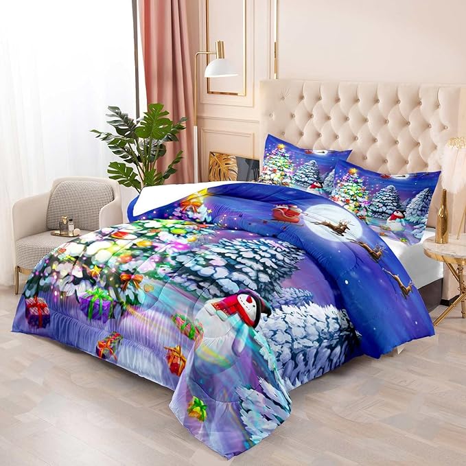 LUVIVIHOME 3PCS Christmas Comforter Set Full Size, Cute Snowman Santa Claus Kids Bedding, Winter Xmas Merry Christmas Bedroom Decor for Boys Girls Teens, Xmas Gifts, 2 Pillow Shams